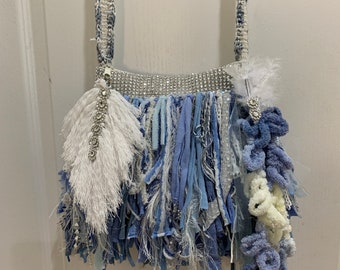 Mini fringe Bag,rhinestone bag,upcycled handbag,repurposed handbag, crossbody bag,Fringe Handbag,Bling fringe bag,bling Purse,denim bag