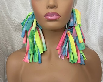 tye dye earrings,neon earrings,Fabric earrings,statement earrings,earrings,fringe earrings,custom made,upcycled earrings,bold earrings