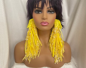 yellow earrings,lace earrings,texture earrings,yarn earrings,cloth earrings,ribbon earrings,statement earrings,fringe earrings,bold earrings