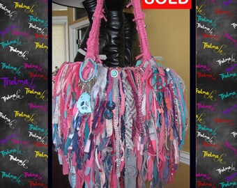 Peace Fringe Handbag Bright Colored Pinks and Blues,Recycled Upcycled,Custome made,Unique,Scrap Rag,Funky Hippie
