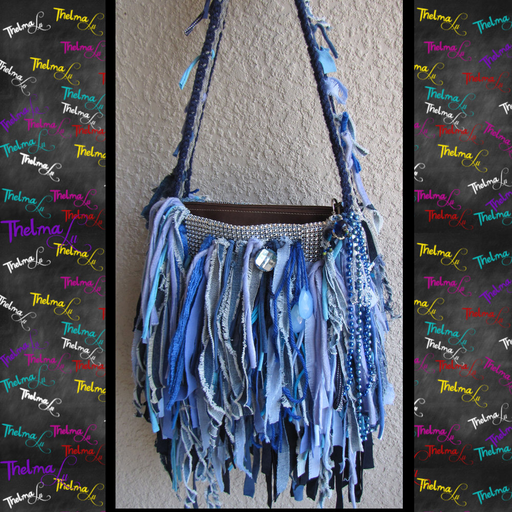 Denim fringe bag,crossbody purse,handmade handbag,custom jean tote,denim fringe,rhinestone,bling