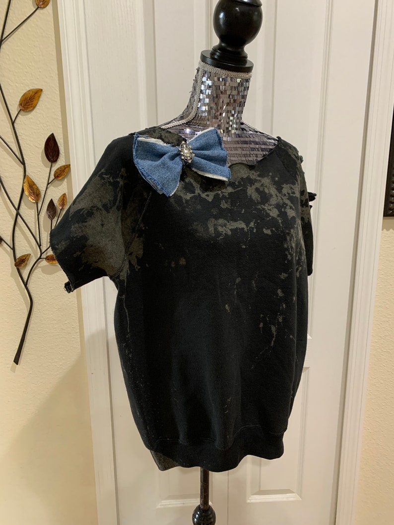bling sweatshirt,distress sweatshirt,denim bow sweatshirt,off shoulder sweat,bleach sweatshirt,upcycle sweatshirt,refashion sweatshirt