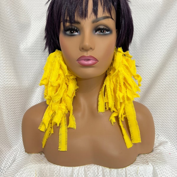 yellow denim earring,bright yellow denim earrings,denim earring,Fabric earring,statement earring,fringe earring,upcycle earring,bold earring