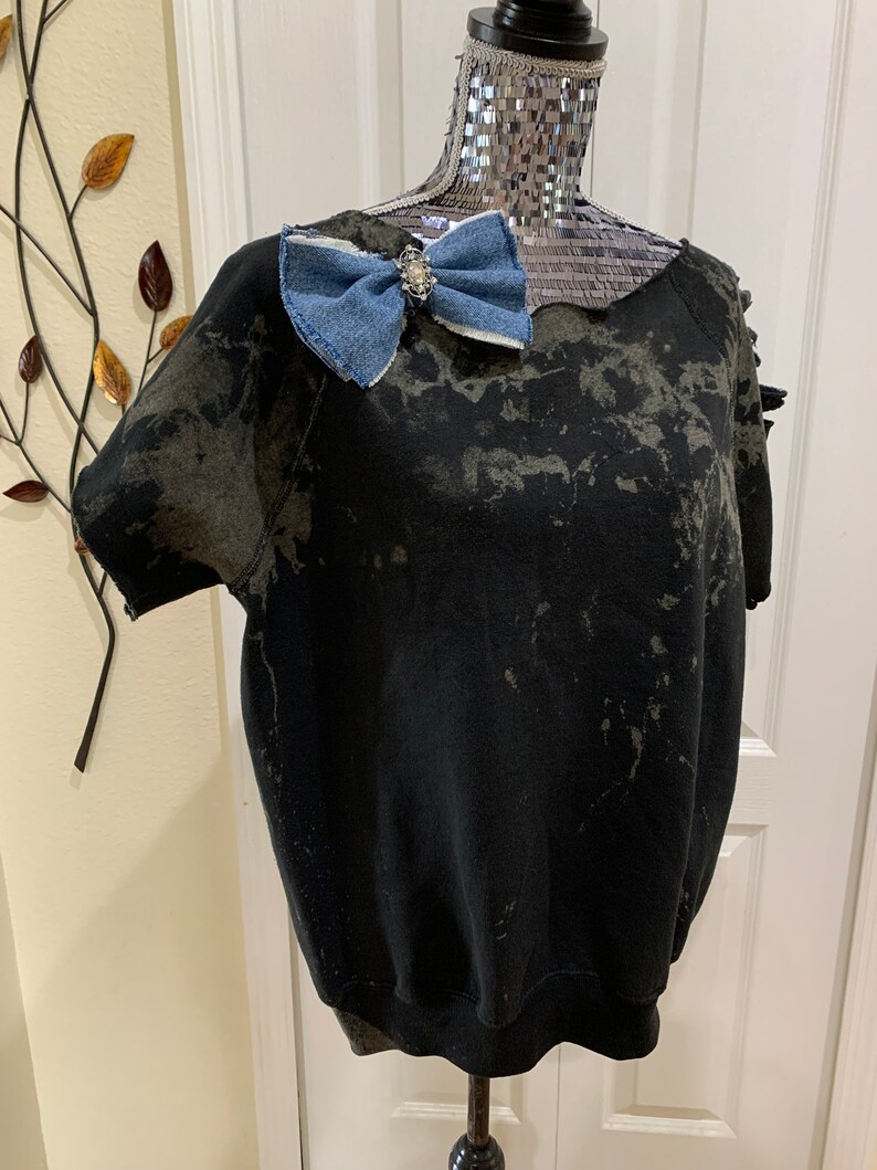 bling sweatshirt,distress sweatshirt,denim bow sweatshirt,off shoulder sweat,bleach sweatshirt,upcycle sweatshirt,refashion sweatshirt