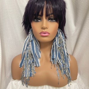 stylish denim earrings,texture earrings,lightweight earrings,cloth earrings,soft earrings,Fabric earrings,statement earrings,fringe earrings