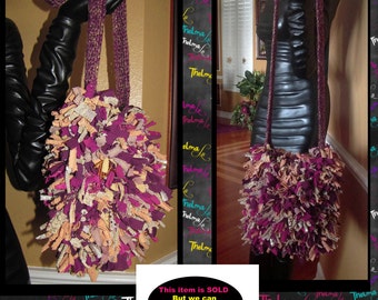 Short  Fringe  Handbag, Crochet,Knit,Upcycled,Rag, Scrap, Custom Made, One Of A Kind, Hippie,BoHo,Funky,Purse,Tote