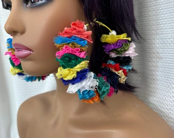 3inch hoop earrings,mixed lace earrings,texture earrings,bold earrings,soft earrings,Fabric earrings,statement earrings,fringe earrings