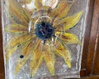 Sunflower fused and. enameled glass sun catcher