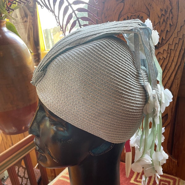 Jack McConnell baby blue Milan straw cloche for updo circa 1960s and a rare find