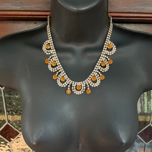 Clear,citrine and gold rhinestone necklace circa 1960s in mint condition