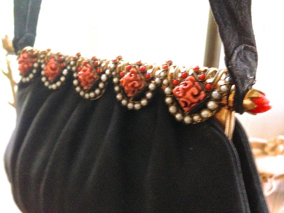 Art Deco French coral appointed carved and Beaded purse 1930s