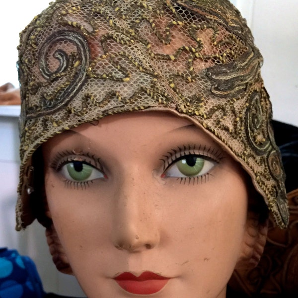 Early twenties Flapper evening cloche,helmet with gold and silver metallic braid. mint