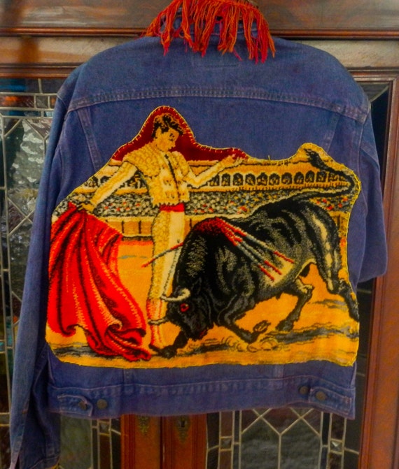 A denim jacket made in 1980s with cutout tapestry… - image 3