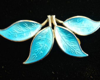 A David Andersen Norway brooch in sterling enamel in tourqoise modernist viking leaf design 1950s