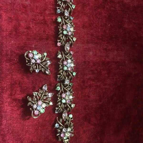 1940s Coro,3 piece parure,consisting of bracelet and clip on earrings in multicolor rhinestones