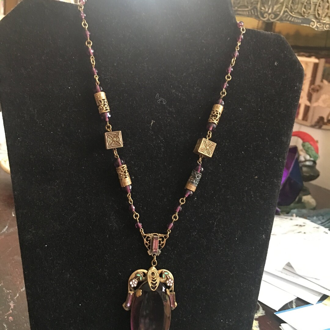 Beautiful Amethyst Drop Necklace in Gold Metal and Enameling,circa ...