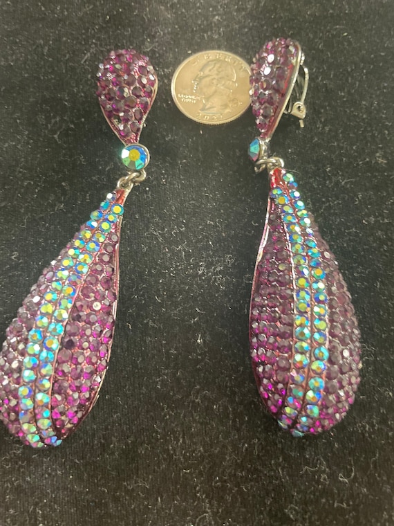 Purple and blue rhinestone dangle clip on earrings