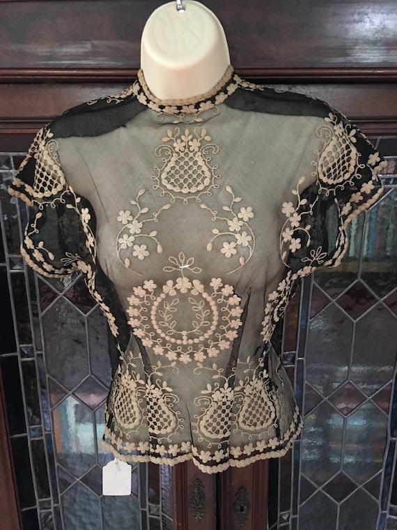 Silk net lace top in creme and black,circa 1920,