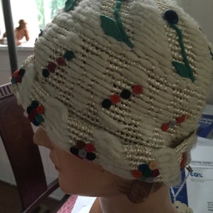 a1920s cloche of straw,chenille,and cut felt,handmade. colors are creme,green,blue,and red image 5