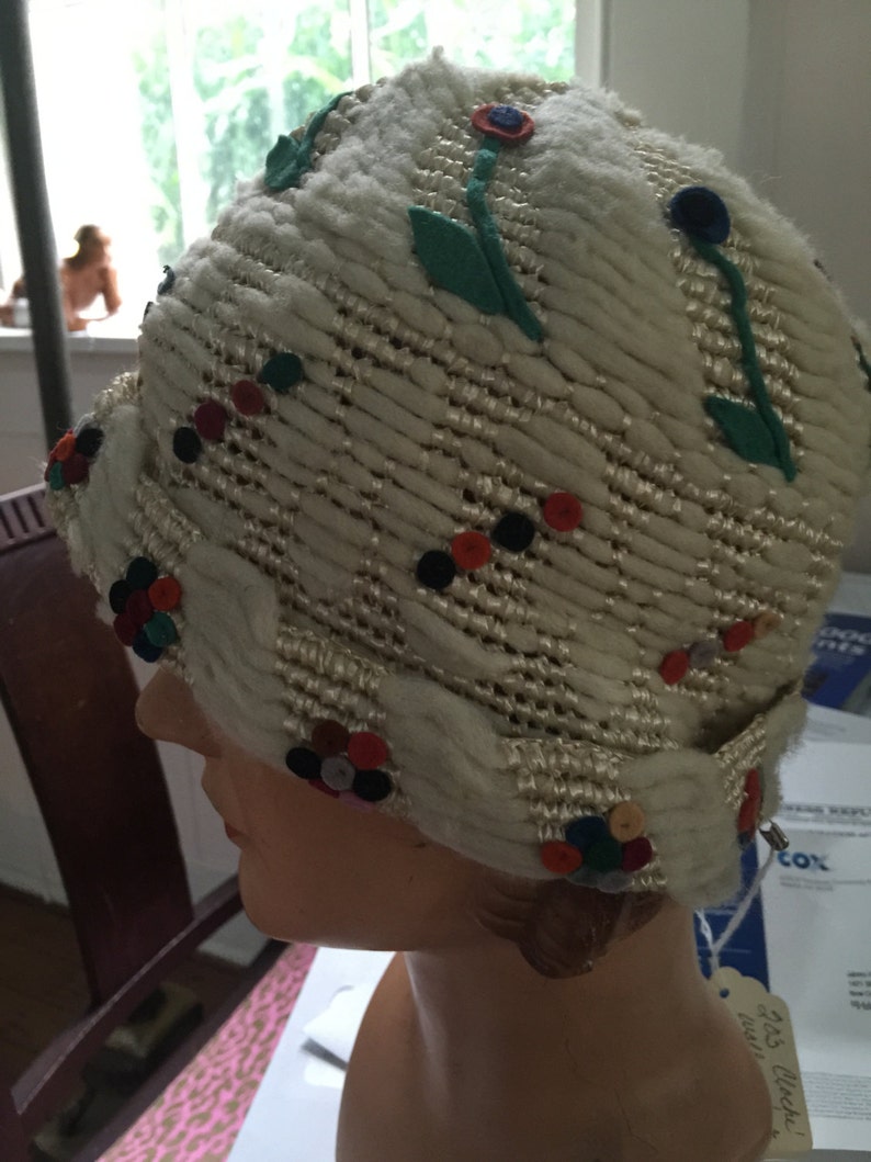 a1920s cloche of straw,chenille,and cut felt,handmade. colors are creme,green,blue,and red image 5