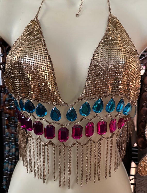 Metal mesh bra top with flatpack plastic jewels circa 1990s