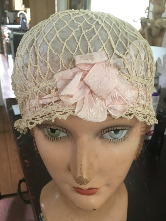 Pink silk nightcap, cloche,hat,handmade, circa 19… - image 1