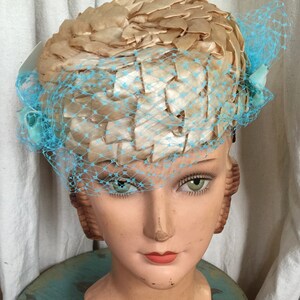 an Evelyn Varon pillbox straw hat with Turquoise veil replacement circa 1950s image 2