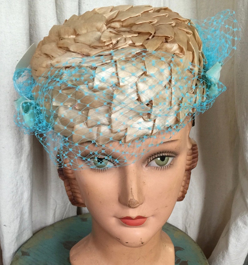 an Evelyn Varon pillbox straw hat with Turquoise veil replacement circa 1950s image 2