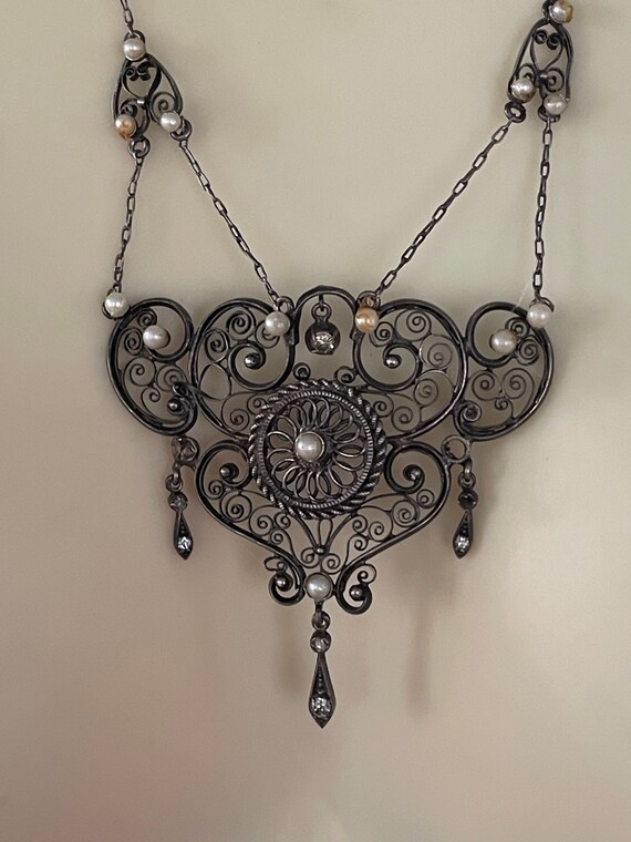 Silver and pearl filigree antique necklace tested and… - Gem