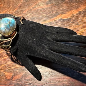 Vintage Brutalist brass, copper and Labradorite 1980s Peacock feather cuff bracelet