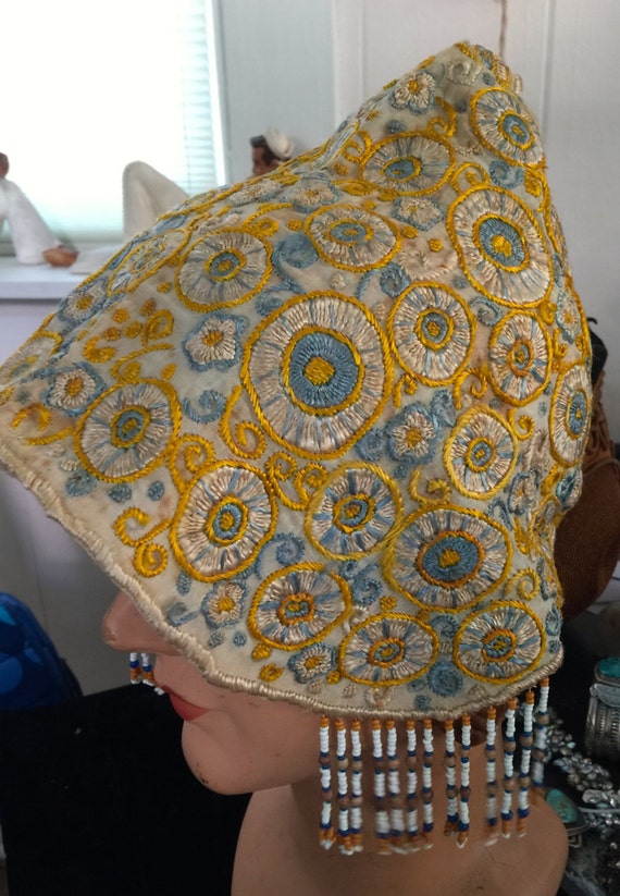 Cone hat circa 1925,fully hand embroidered and bea