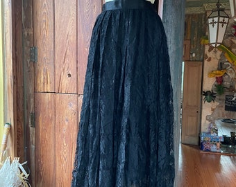 Emanuel Ungaro 1970s black lace long skirt,Paris in viscose and nylon moire satin and silk