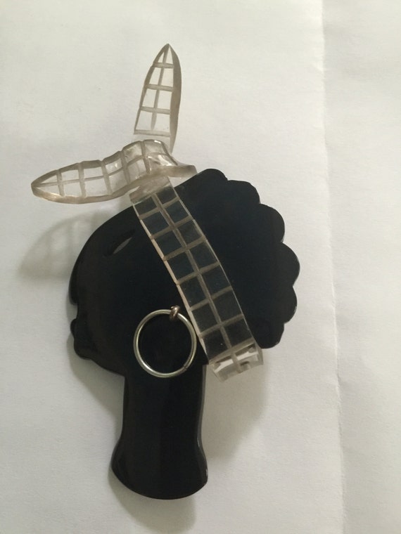 Lucite and bakelite face pin,Afrocentric with tig… - image 3