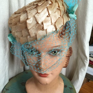 an Evelyn Varon pillbox straw hat with Turquoise veil replacement circa 1950s image 1