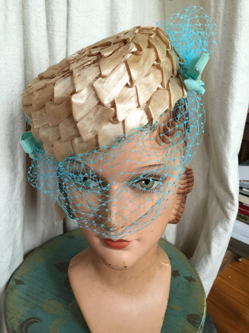 an Evelyn Varon pillbox straw hat with Turquoise veil replacement circa 1950s image 1