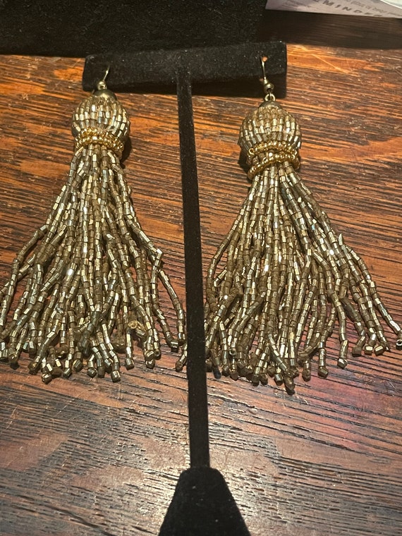 Gold,bugle bead,1980s,French hook tassel earrings