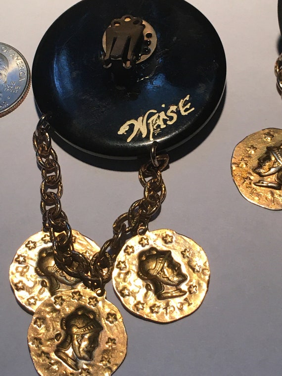 Bakelite button repurposed coin clip on earrings … - image 5
