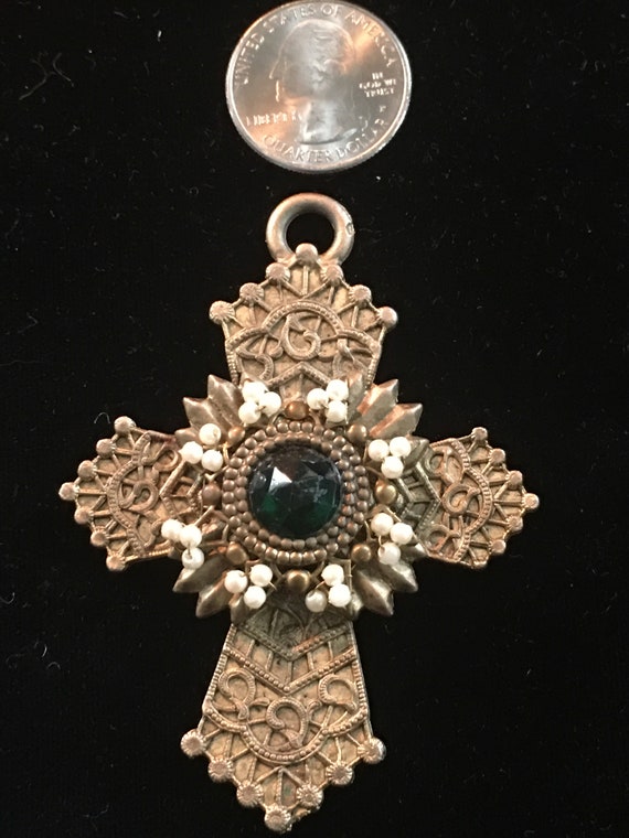 Golden antique color cross with hand wired pearls 