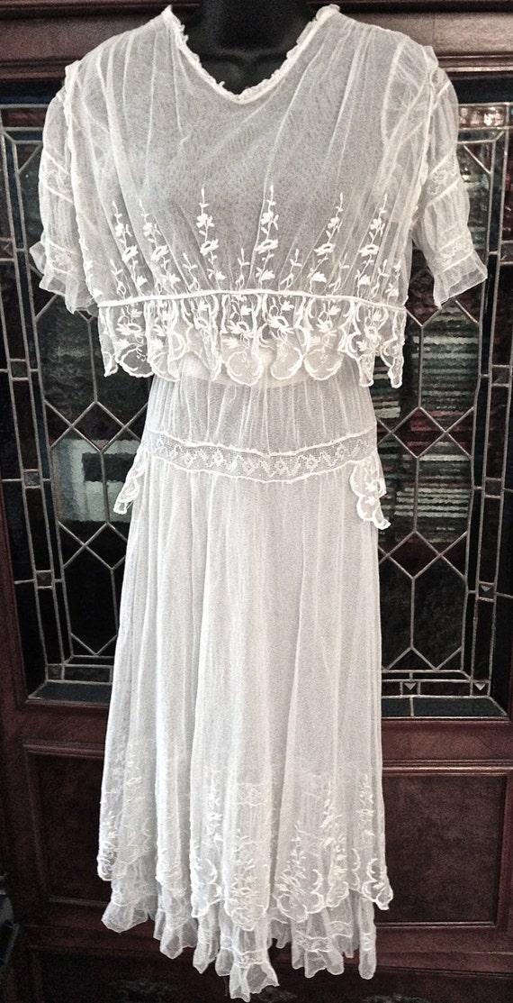 Edwardian silk wedding or tea dress with embroider