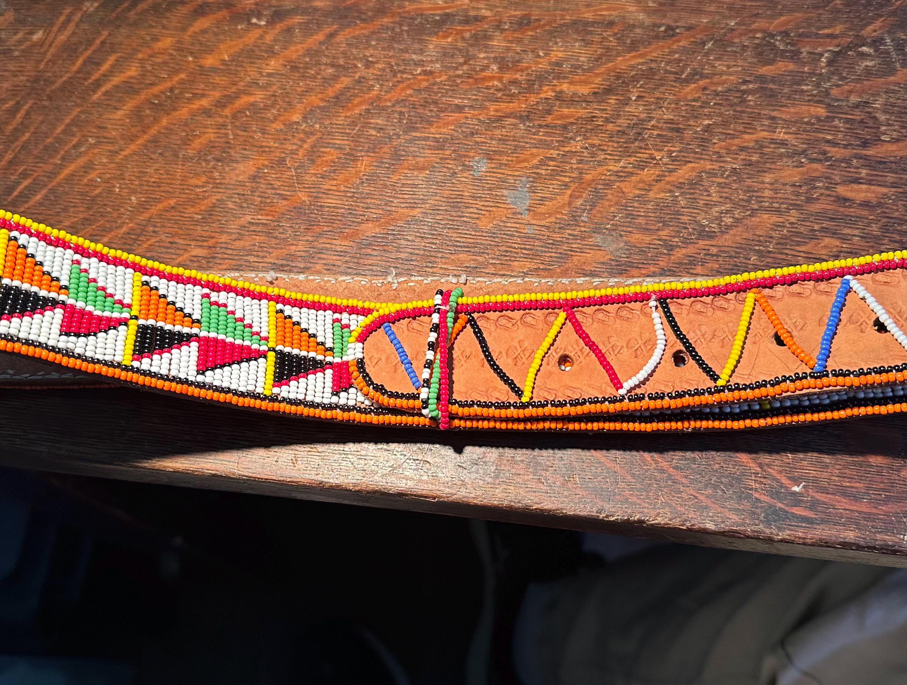 Vintage Snake Belt Hand Beaded Blue White Beads Genuine Leather Made in Kenya 1.25 main image 4