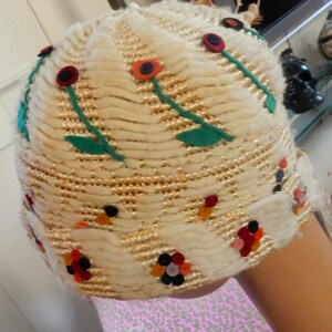 a1920s cloche of straw,chenille,and cut felt,handmade. colors are creme,green,blue,and red image 1