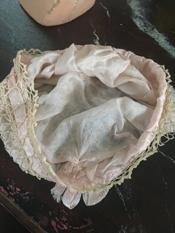 Pink silk nightcap, cloche,hat,handmade, circa 19… - image 5