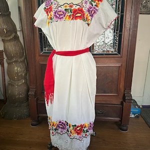 mexican embroidered dress with belt Chilac Embroidered Mexican Long Dress