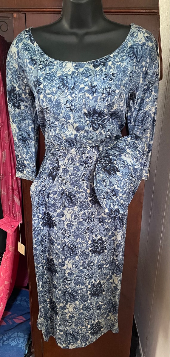 All silk 1950s wiggle, pencil dress in blue floral