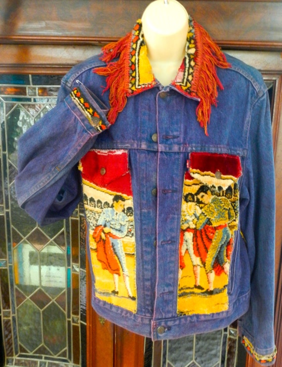 A denim jacket made in 1980s with cutout tapestry… - image 1