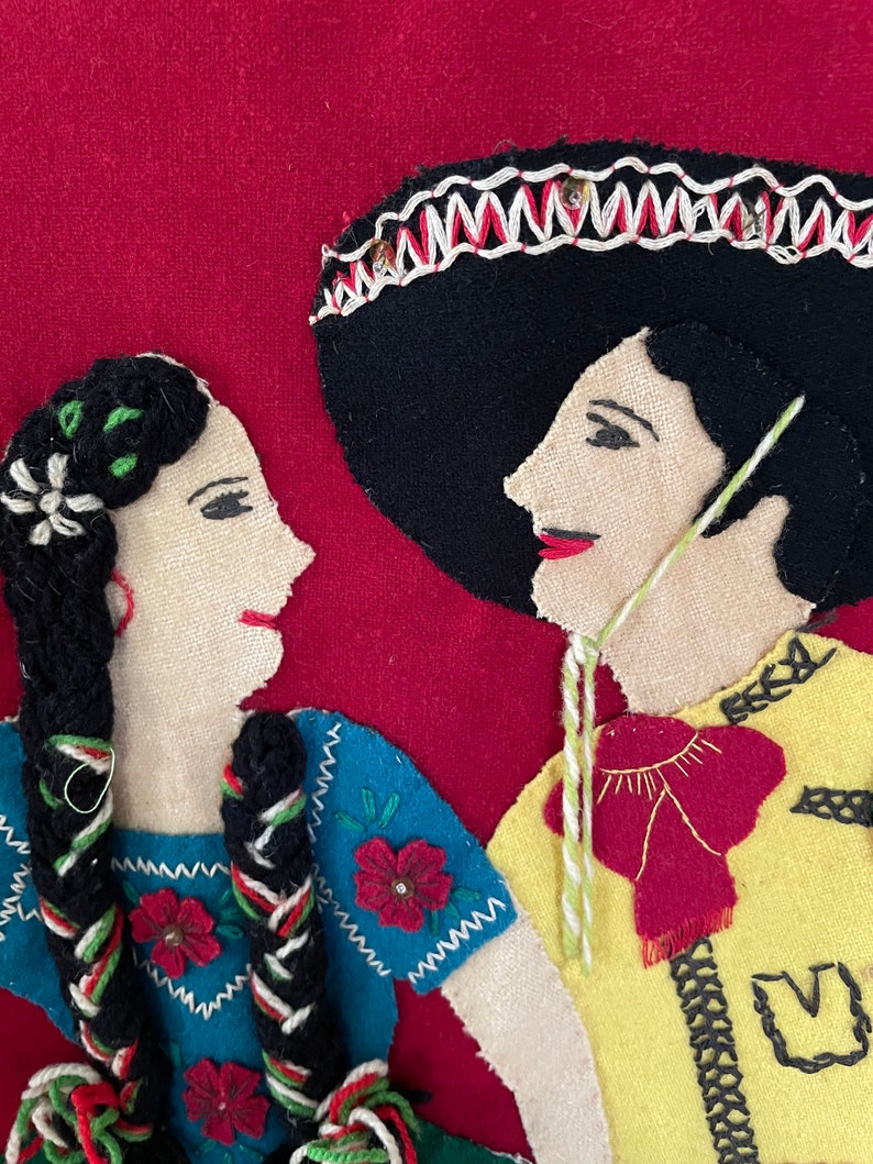 Red cut and embroidered Mexico souvenir jacket in wool and felt circa 1940