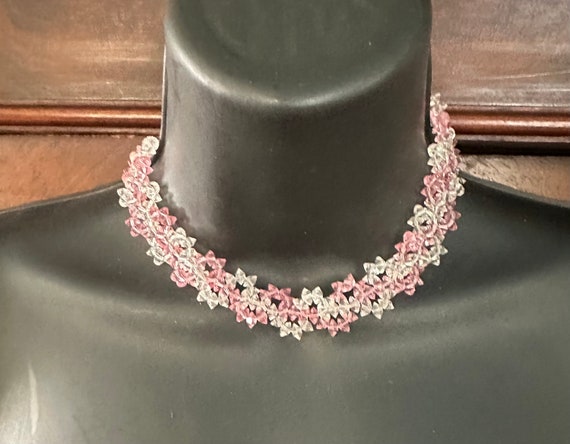 A Pink and clear bicone crystal woven necklace, b… - image 2
