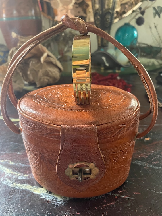 Hand tooled leather oval box purse circa 1940s - image 1