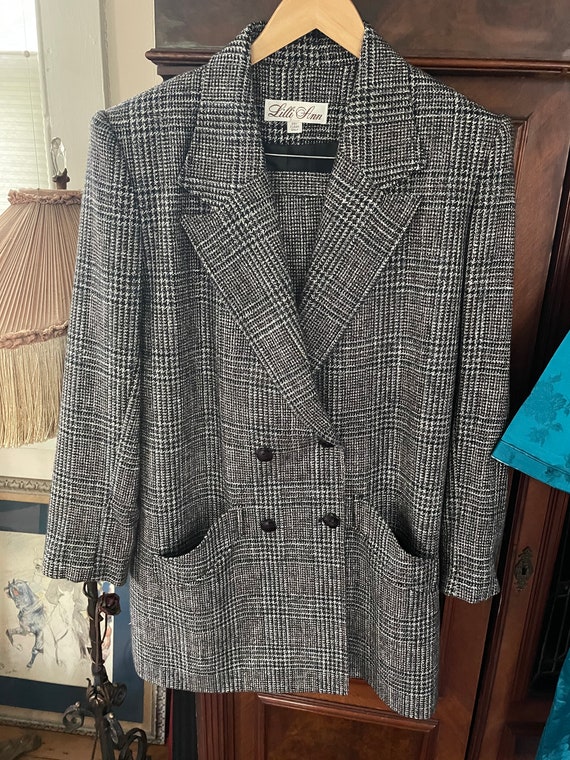 Large 1970s Blazer Set Lilli Ann Tweed Orange Tan Houndstooth Velour Tweed Jacket Mockneck Tunic Top