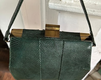 Kelly green Karung snake 1940s box purse with brass appointments